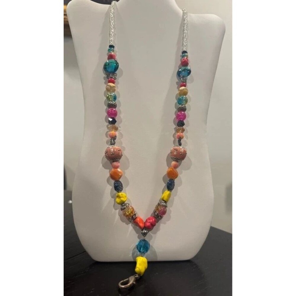 Chunky Multicolor Beaded Statement Necklace/ Lanyard Boho Eclectic Festival